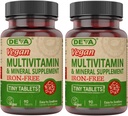 DEVA Multivitamine et supplément minéral sans fer végétal, 2-paquet, vitamine C, D2, E & B-Complex, biotine, 90 comprimés minuscules chacun