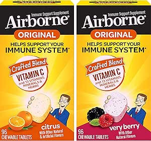 Airborne 1000mg Vitamine C Comprimés à croquer Citrus & Very Berry Flavor Bundle - Supplément de soutien immunitaire au zinc et aux vitamines antioxydantes puissantes A C & E, (2 bouteilles de 96ct)*