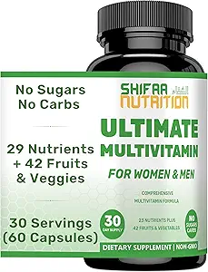 SHIFAA NUTRITION Multivitamines halales pour femmes, hommes et adultes, 30 portions de fer, vitamine A, B6, B12, biotine, niacine, C, D3, E, zinc, calcium, acide folique, CoQ10.