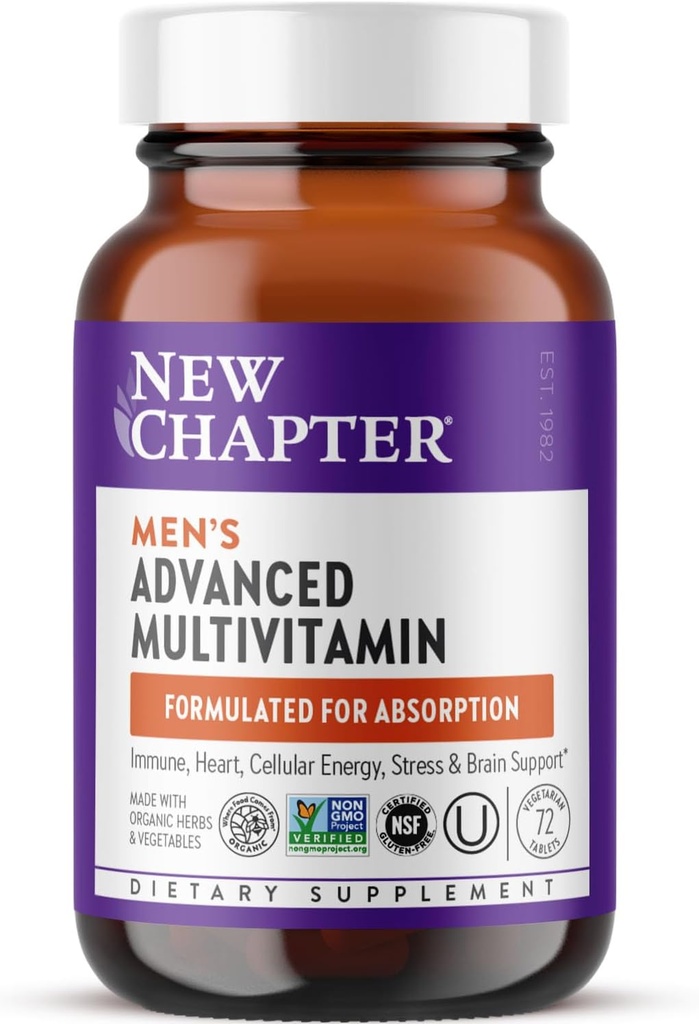 Nouveau chapitre Multivitamine masculine Formule avancée pour le stress, le cerveau, l'Immune, le coeur et l'énergie, niveaux plus élevés d'éléments nutritifs essentiels fermentés pour les hommes + sélénium + vitamine B, 72 ct