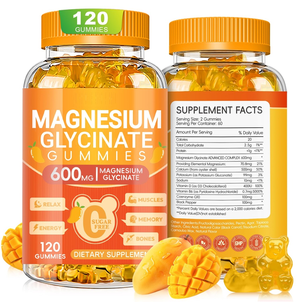 Glycinate de magnésium 600mg, sans sucre à croquer Gymnese de magnésium avec Glycinate de magnésium, vitamine D, B6 et CoQ10 pour le sommeil, la relaxation, le cerveau et le muscle, 120 Compte