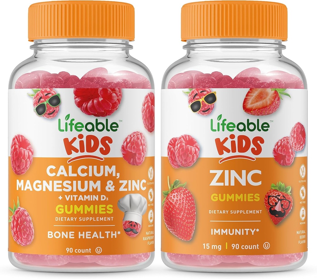 Calcium Lifeable Magnésium & Zinc Kids + Zinc Kids, Gommies Bundle - Grande dégustation, supplément de vitamine, sans gluten, sans OGM, gommy à croquer