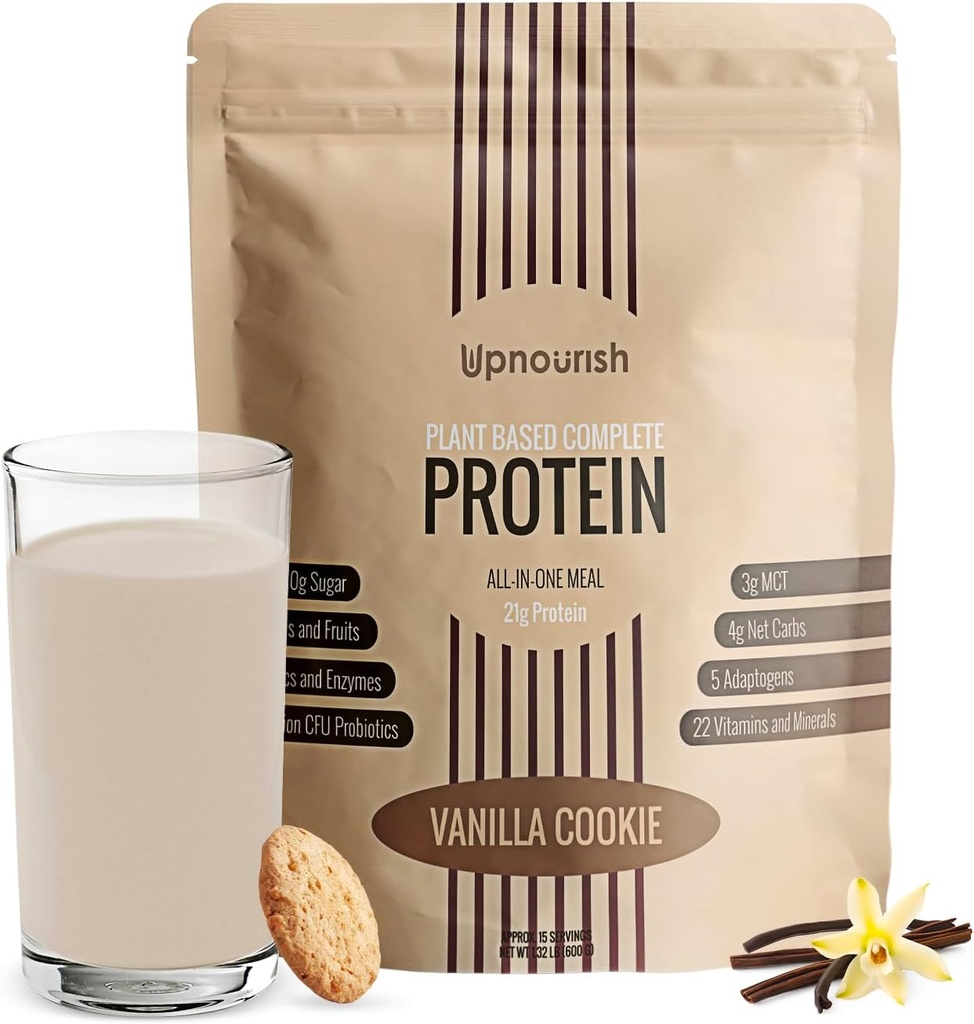 UpNourish Vanilla Cookie Poudre de protéines végétaliennes 54 Superaliments Poudre,1,5 milliard d'UFC Probiotiques 21g Protéines végétales, Pas de sucre Pas de lait Pas d'OGM Sans lait, Remplacement des repas Shake Keto-friendly Low-Carb Diet,15 portions