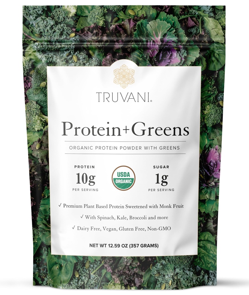 Truvani Protéines + Verts Suppléments d'épinards, de choux et de brocolis 10g Protéines biologiques à base de plantes 20 portions d'USDA Organiques Sans gluten et produits laitiers