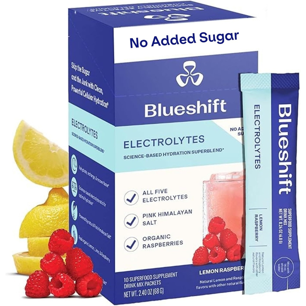 Blueshift Electrolytes - Natural Electrolytes Powder Packets, Organic Hydration Packets, Electrolyte Drink Mix Sticks with No Sugar, Single Serve Pack - Lemon Raspberry Flavor, Powder Sticks (10 Pack)