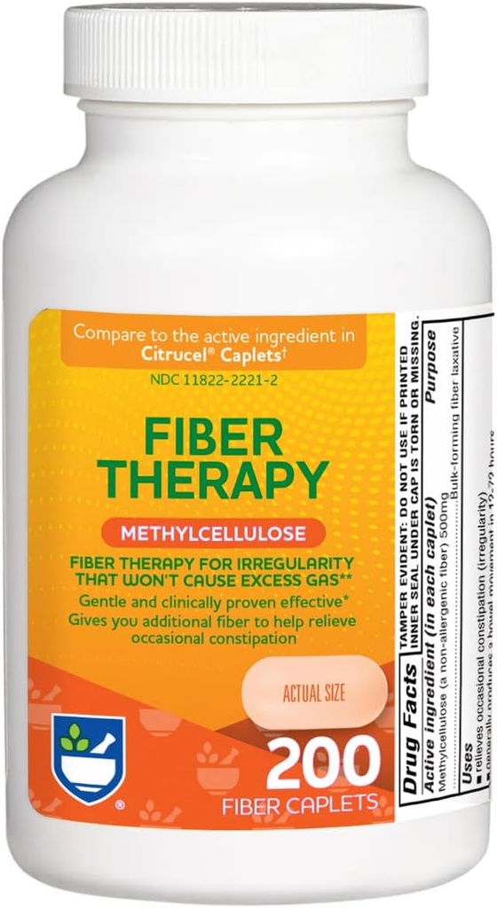 Rite Aid Fiber Therapy Soluble Fiber Supplément 200 Caplets, 500 mg de méthylcellulose, laxatifs pour la constipation, pilules de fibre pour adultes