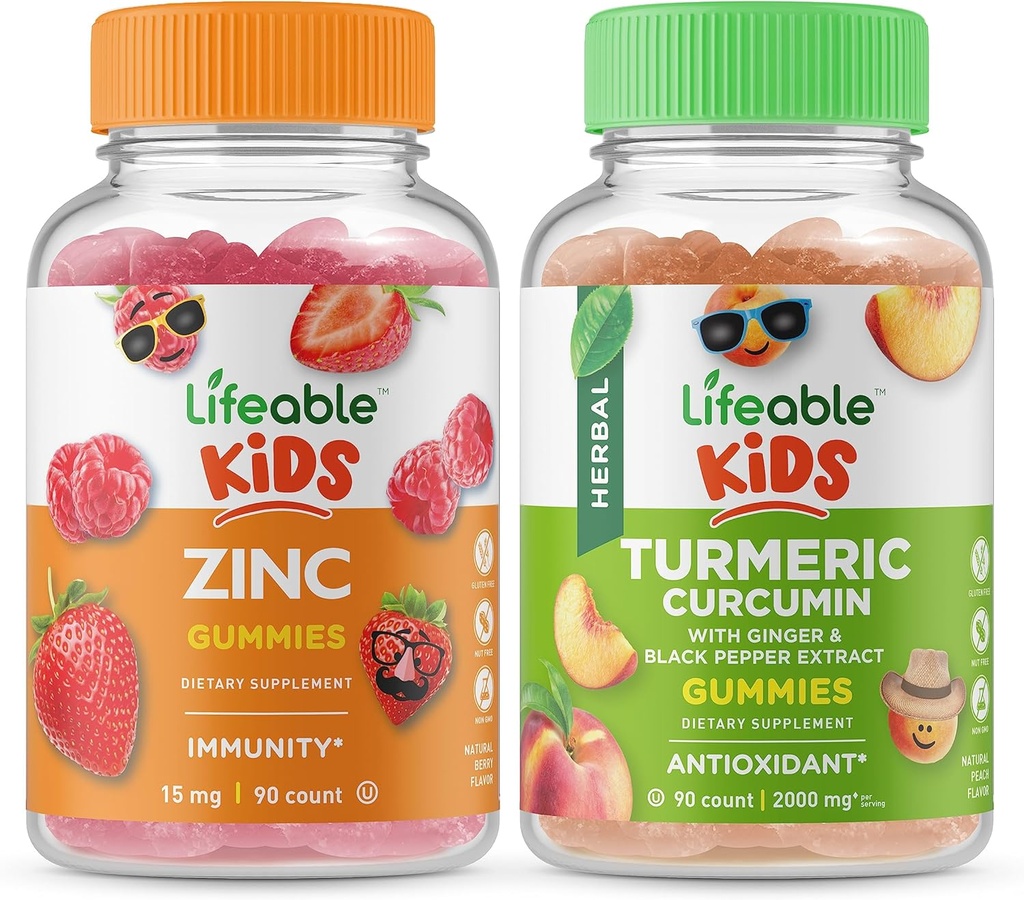 Zinc Lifeable Kids + Curcumine curcumine curcuma enfants, Gommies Bundle - Grande dégustation, supplément de vitamine, sans gluten, sans OGM, gommy à croquer