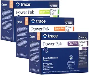 Trace Minerals Power Pak Multivitamin and Multimineral Packets - Soutien aux électrolytes - 1200 mg Vitamine C Plus 70 Variété de blast orange, de lime citronnée et de baies d'açai - 90 Packets