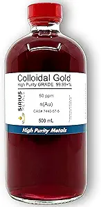 Vrai Or colloïdal – 50 ppm - 99,99+% Pureté - 500 mL (16,9 Fl Oz) en bouteille en verre transparent - Fabriqué aux États-Unis