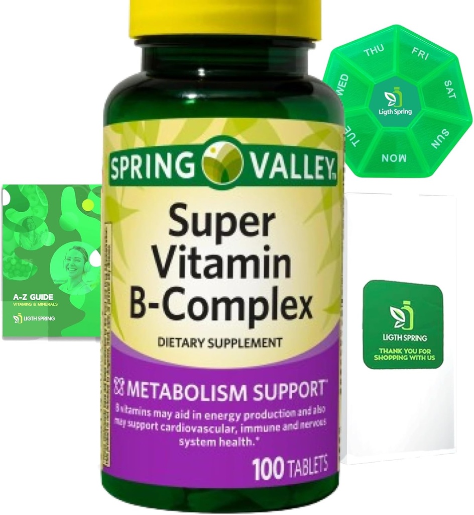 Super Vitamine B-Complex 100 Comprimés Dietary Supplement Bundle Exclusive Better Ligth & Spring Guide + Pill hebdomadaire Organisez (3 items)