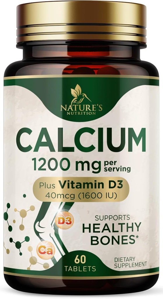 Calcium 1200 mg avec vitamine D3 - Supplément santé osseux, suppléments de vitamine D et calcium pour les femmes et les hommes - Soutien osseux, dents et immunitaire, pilules de calcium de la nature, embouteillés aux États-Unis - 60 comprimés
