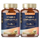 Complexe 13-en-1 de vitamine B plus avec vitamine B1, B2, B3 (Niacine), B4, B5, B6, B7 (Biotine), B8 (Inositol), B9 (Flate), B12, C, D3, K2 pour l'énergie, Nerve, Immune, peau - 120 capsules par bouteille - 2 bouteilles