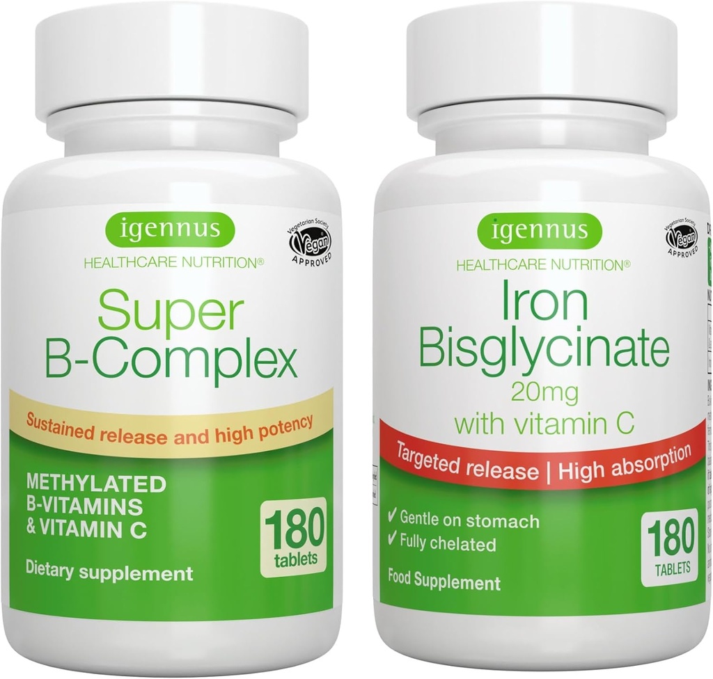 Super B-Complex & High Absorption Iron Bisglycinate 20mg with Vitamin C, Vegan Bundle, Methylated Sustained Release B Complex & Gentle One-a-Day Iron with Targeted Release, by Igennus