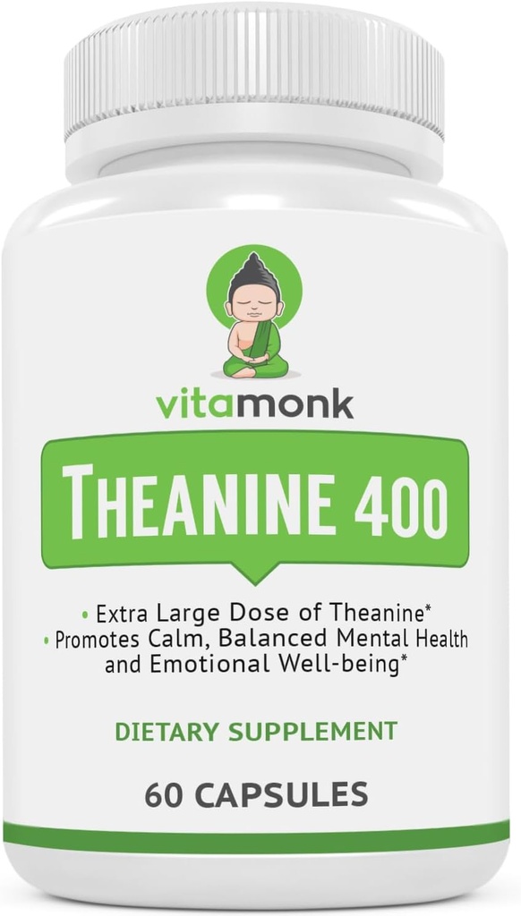 Supplément VitaMonk L Theanine 400mg - L-Theanine 400mg sans remplissage artificiel - Supplément extra-résistance L Theanine - Lthéanine 60 Capsules