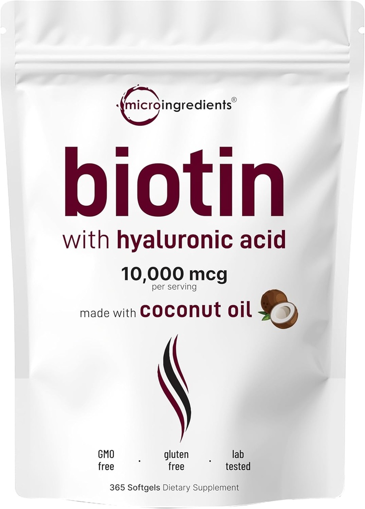 Micro-ingrédients Biotine 10 000mcg avec/acide hyaluronique 25mg. 365 Huile de coco vierge softgels, libération rapide, approvisionnement d'un an, soutient cheveux sains, peau et ongles, non-OGM et sans gluten