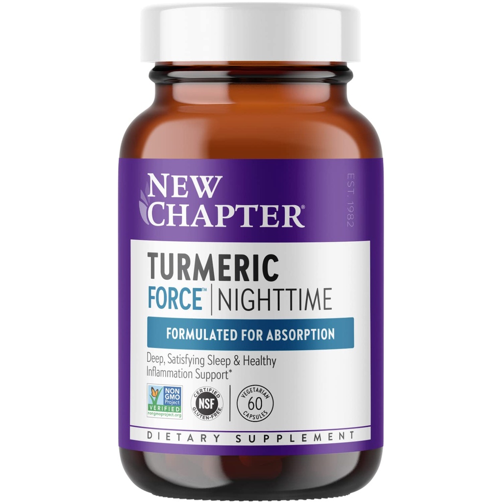 Nouveau chapitre Supplément curcuma + aide au sommeil - Turmeric Force Nighttime for Sleep Support with Valerian Root + Ginger + NO Black Pepper Needed + Non-GMO Ingrédients - 60 Capsule végétarienne