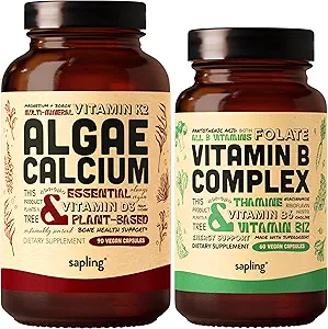 Mélange complexe de calcium et de vitamine B végétalienne - Supplément de calcium des algues rouges, vitamines B essentielles avec mélange alimentaire entier, B1, B2, B3, B5, B6, B7, Folate