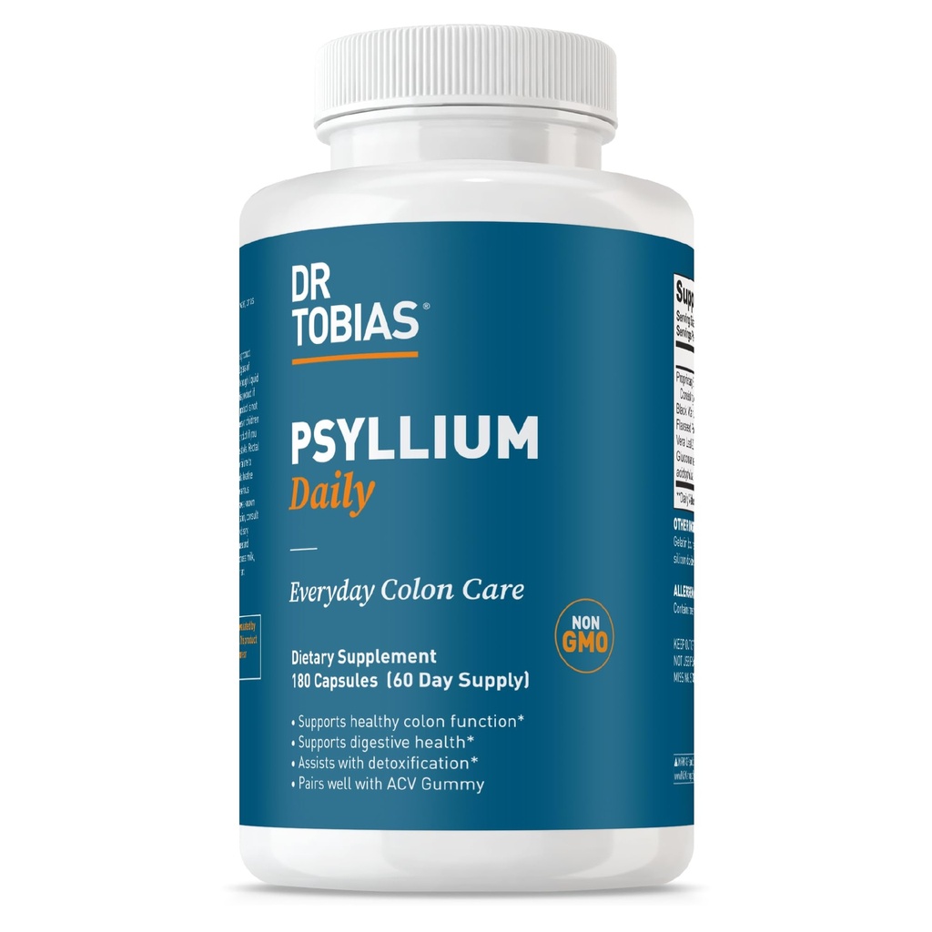 Dr Tobias Psyllium Daily, soutient le mouvement sain de Bowel, Psyllium Husk Capsules avec Bentonite Clay, Lin et ingrédients naturels, supplément de fibre quotidienne pour soutenir la santé de Colon, 180 capsules
