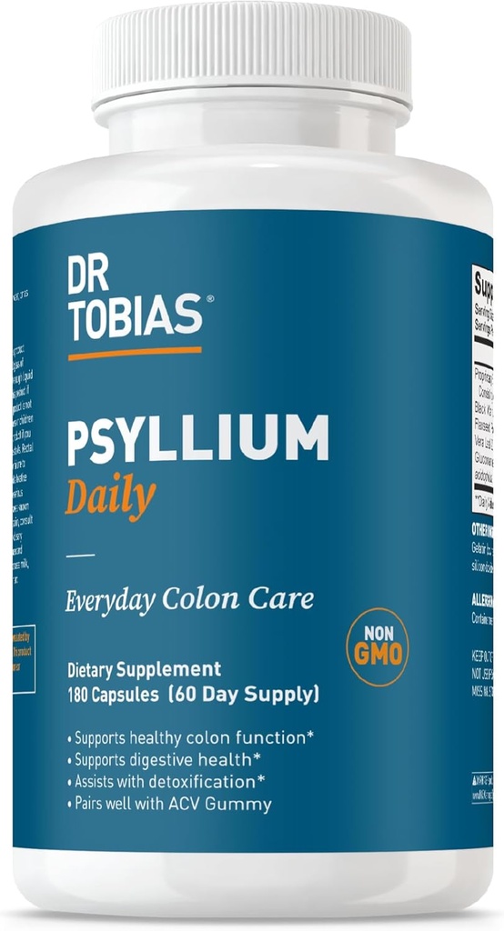 Dr. Tobias Psyllium Daily, Supports Healthy Bowel Movement, Psyllium Husk Capsules with Bentonite Clay, Flaxseed & Natural Ingredients, Daily Fiber Supplement in Support of Colon Health, 180 Capsules