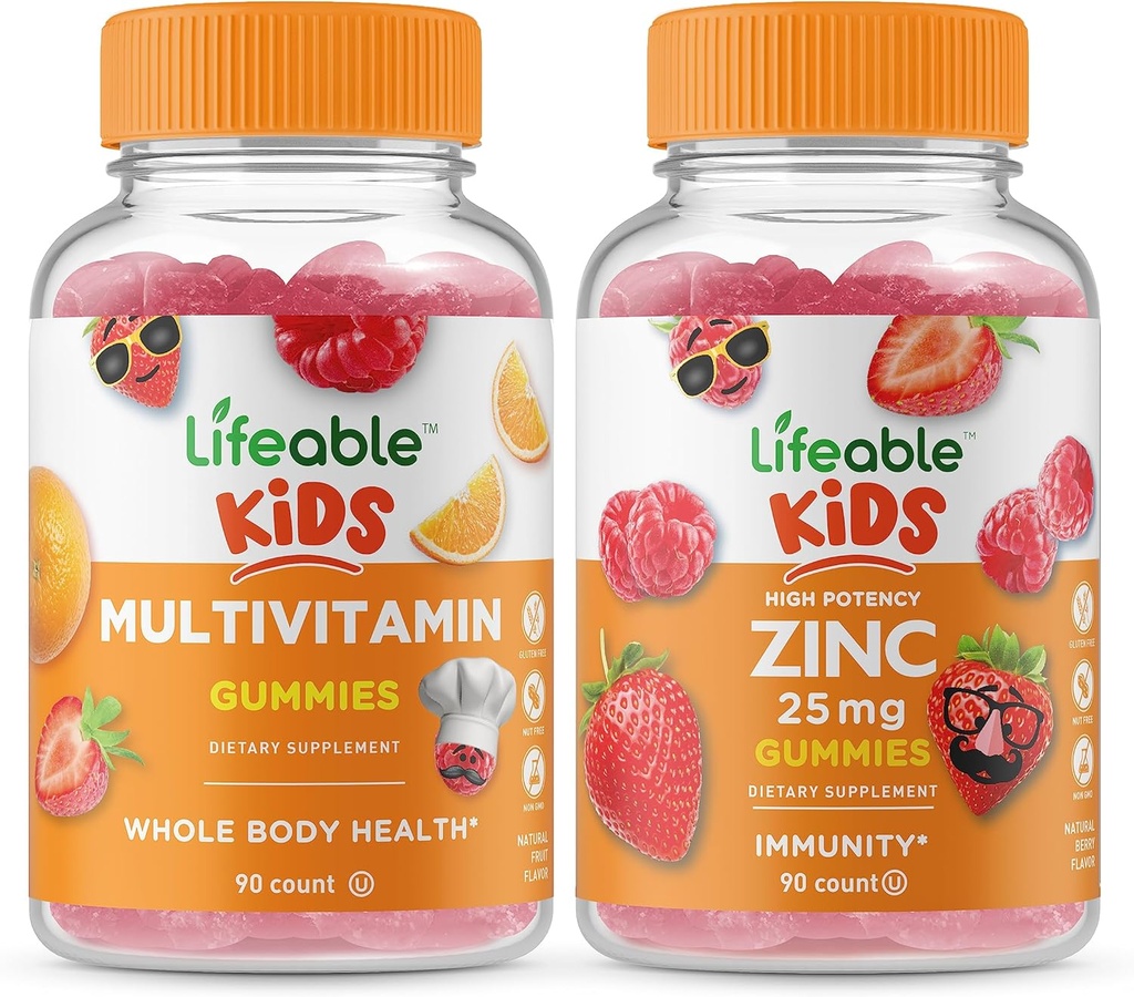 Multivitamine Lifeable Enfants + Zinc 25mg Enfants, Gummies Bundle - Grande dégustation, supplément de vitamine, sans gluten, sans OGM, gummy à croquer