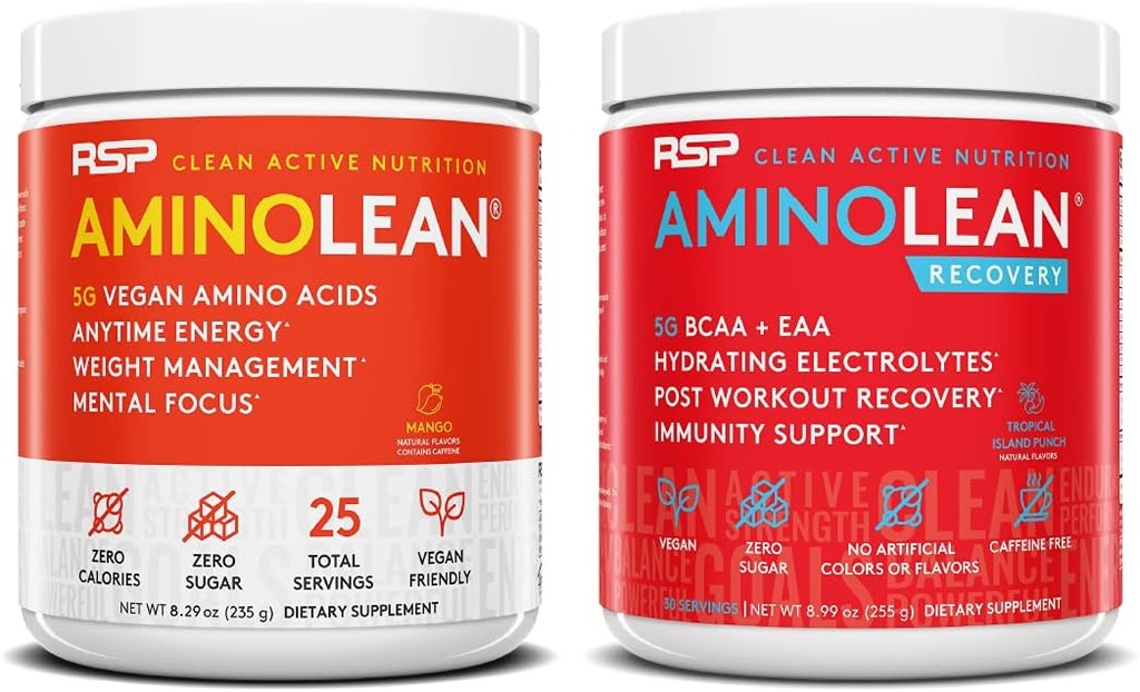 RSP NUTRITION Vegan AminoLean Pre Workout Energy (Mango 25 Servings) with AminoLean Recovery Post Workout Boost (Tropical Island Punch 30 Servings)