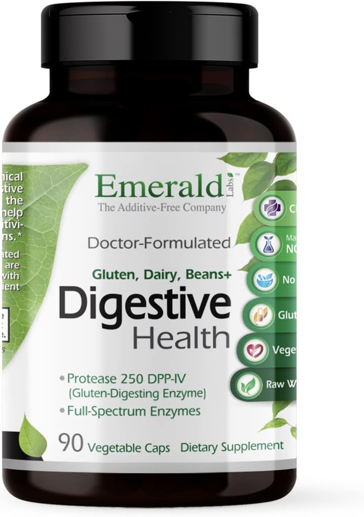 EMERALD LABS Santé digestive - Aide digestive avec probiotiques et enzymes digestives - Soutient la santé et la constipation Gut - Végétarien, sans gluten - 90 capsules végétales (30 jours d'approvisionnement)