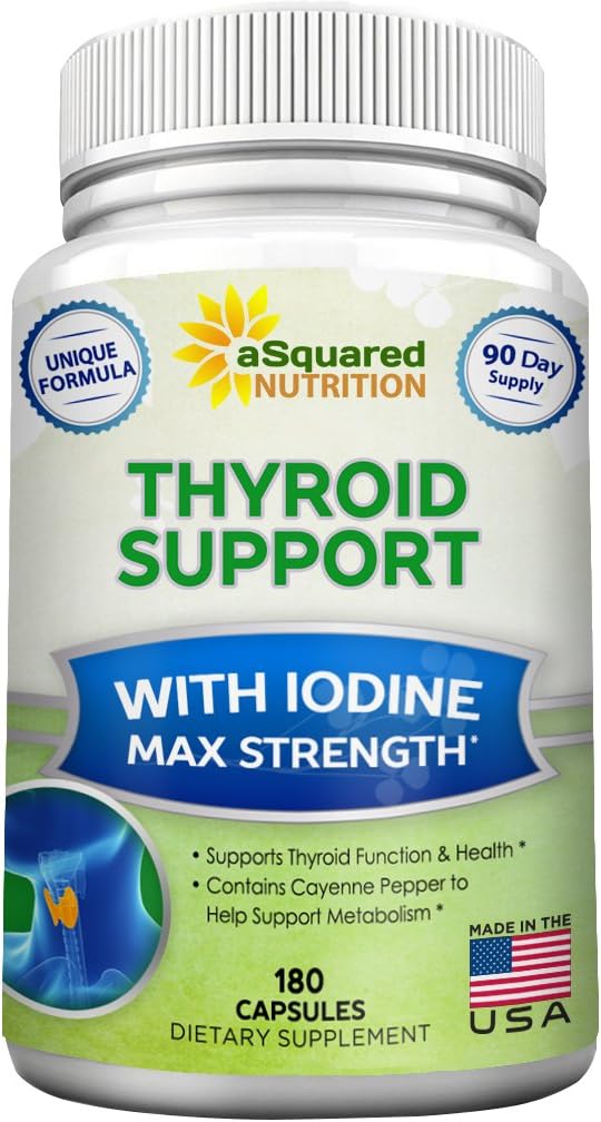 aSquared Nutrition Premium Thyroïde Supplément de soutien avec Iodine (180 Capsules) - Meilleures pilules à base de plantes et de vitamines complexes w/ B12, Ashwagandha, Bladderwrack et Kelp - Helper for Healthy Hormone & Energy
