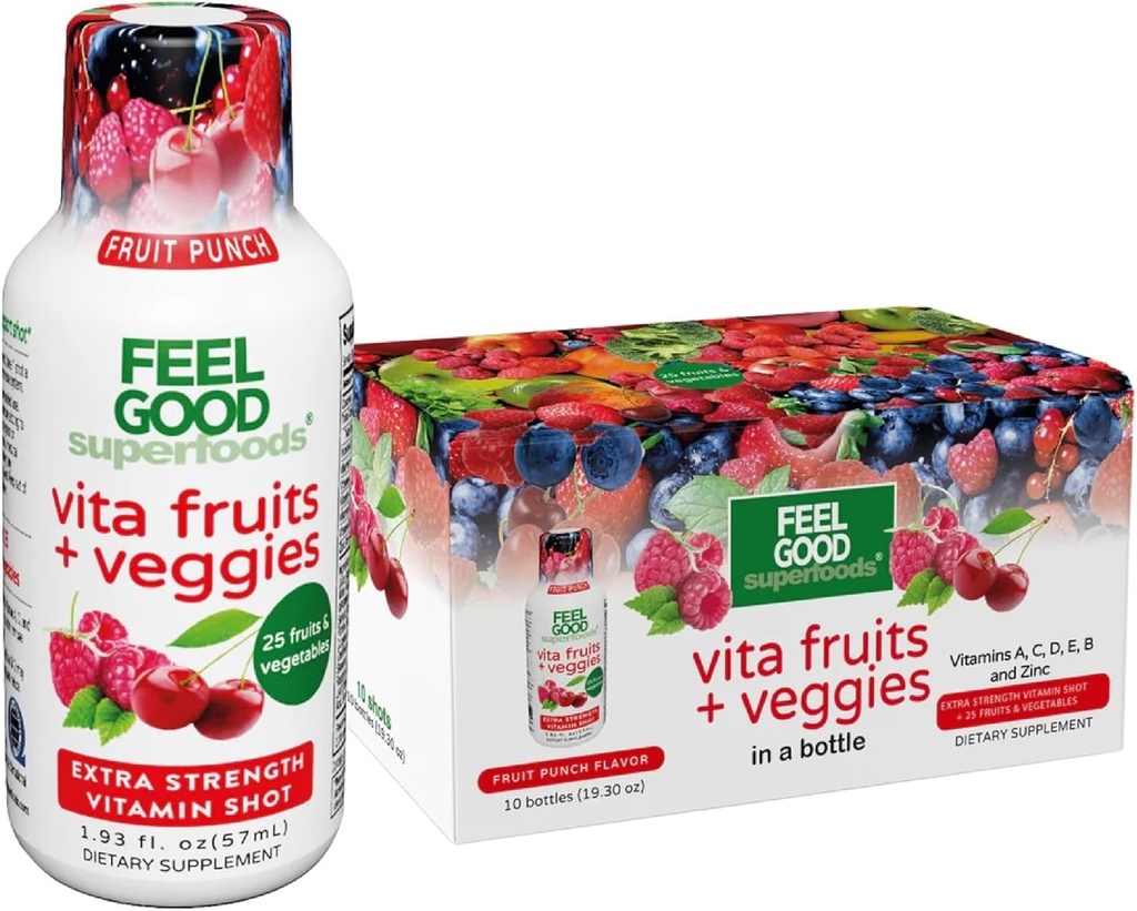 FeelGood Superfoods Vita Fruits et légumes Immune Support Suppléments de tir, Fruit Punch Flavor, Pack de 10 coups d'immunité, Système immunitaire Booster boisson faite avec 25 fruits et légumes biologiques