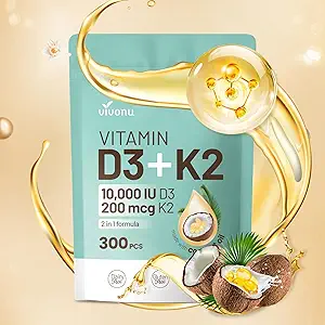 Vitamine D3 K2 10000 UI avec MK7-300 Huile de noix de coco vierge Softgels, 2 en 1 Vitamines Complexe D & K. Vitamine D3 con K2.