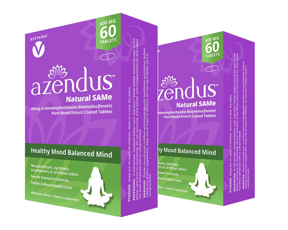 Azendus Mood 400mg 2 boîtes de S-Adendosylméthionine Butanedisulfonate (SAM-e) 120 comprimés enrobés entériques - végétalien, sans gluten, sans soja