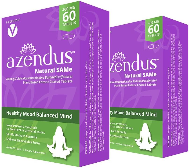 Azendus Mood 400mg 2 boîtes de S-Adendosylméthionine Butanedisulfonate (SAM-e) 120 comprimés enrobés entériques - végétalien, sans gluten, sans soja