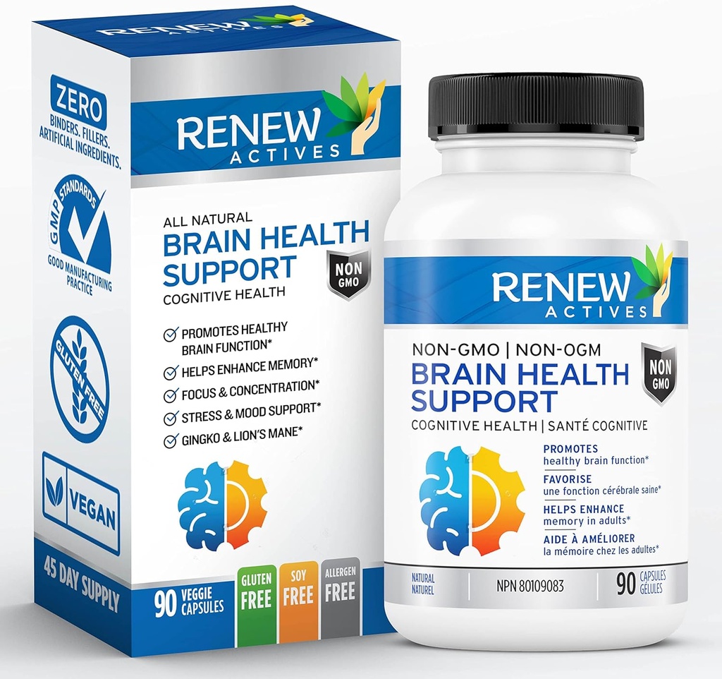 Renouveler les actifs Soutien à la santé cérébrale – Bacopa 300MG, Ginkgo 100MG, Lions Mane 200MG par 2 capsules – soutient la santé cognitive, la mémoire améliorée, favorise la concentration et l'humeur – Fabriqué au Canada - 90 capsules