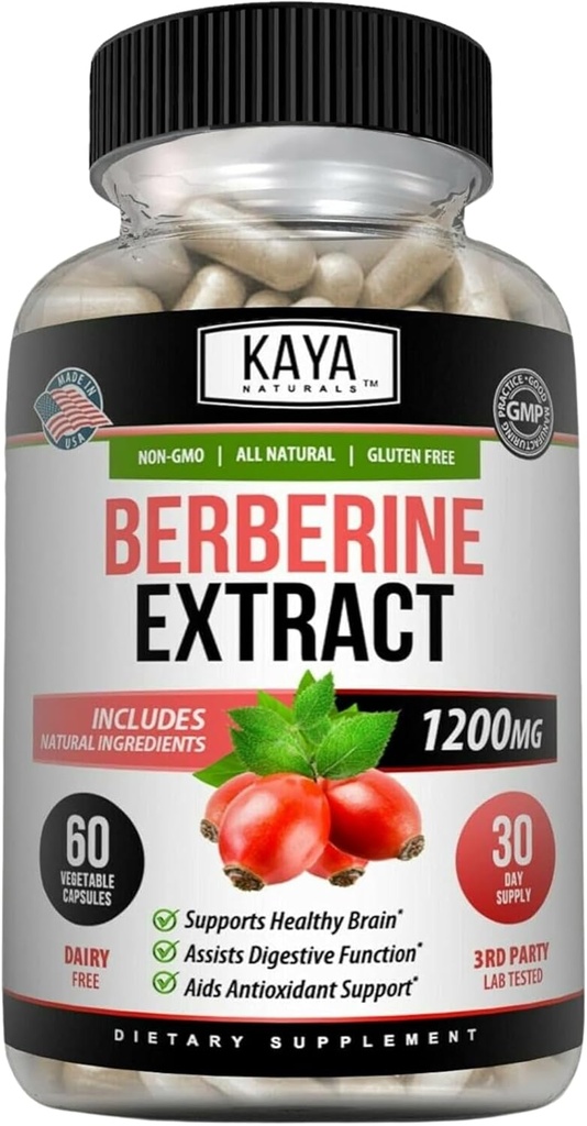 Kaya Naturals Berberine HCL Extract 1200mg - Système immunitaire - Niveaux de glucose - Gut Health (Végétarien, non-OGM et sans gluten) Supplément berbère (60 Nombre (paquet de 1)
