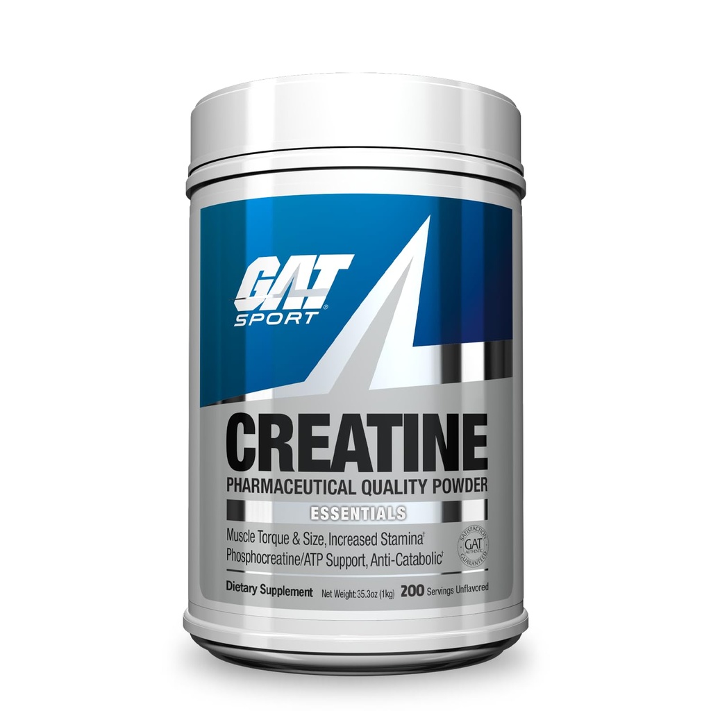 GAT SPORT Creatine Poudre monohydratée 1000 Grams, Force, GLP1 Support, Santé du cerveau, Anti-oxydant, Endurance, pour les hommes et les femmes, 1 Kilo, Sans saveur, 200 portions
