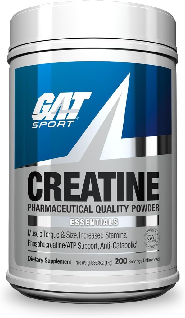 GAT SPORT Creatine Poudre monohydratée 1000 Grams, Force, GLP1 Support, Santé du cerveau, Anti-oxydant, Endurance, pour les hommes et les femmes, 1 Kilo, Sans saveur, 200 portions