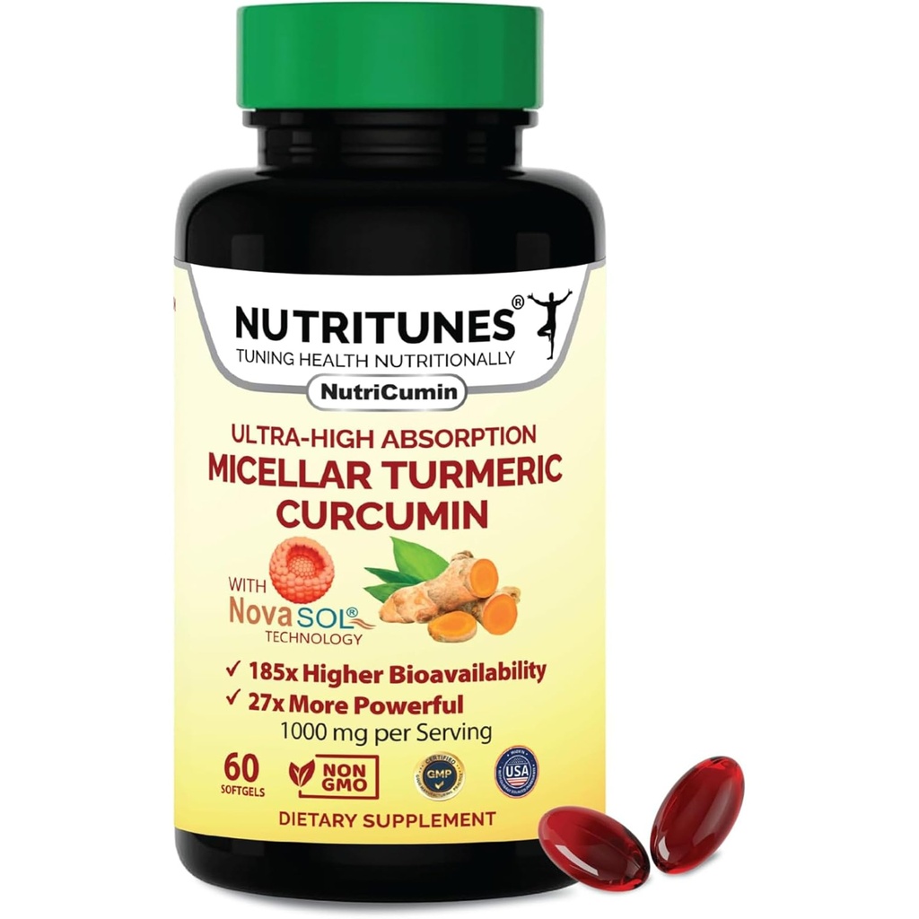 Supplément Curcumin Turmeric 1000mg pour support mixte-185x Biodisponible et haute absorption avec la technologie NovaSOL – 60 NutriCumin Softgels