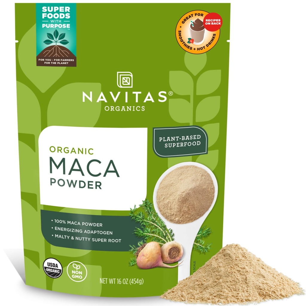 Navitas Organics Maca Powder – 100% gélatinisé Maca péruvienne pour les smoothies, les lattes, la cuisson et plus encore – Énergie et équilibre - USDA Organic, non OGM, végétalien, sans gluten (16oz. Sac, 180 portions, 2 paquets)