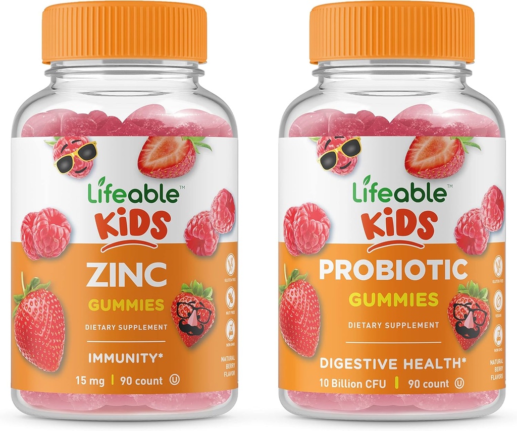 Zinc Lifeable Enfants + Probiotiques 5 milliards d'enfants, Gummies Bundle - Grande dégustation, supplément de vitamine, sans gluten, sans OGM, gummy à croquer