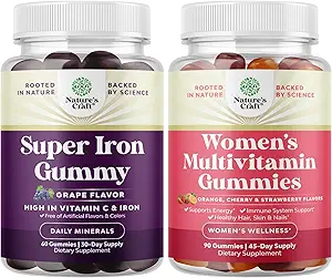 Ensemble de gommes de fer extra-fortes pour les femmes et les hommes avec de la vitamine C pour une absorption plus élevée, et une délicieuse multivitamine quotidienne pour les adultes Énergie et immunité - Vitamines pour la santé et le mieux-être des femmes