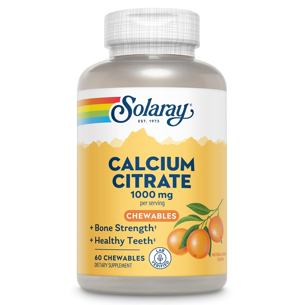 SOLARAY Citrate de calcium 1000mg - Suppléments de calcium à croquer pour les femmes et les hommes - Soutien aux dents et aux os - Grande saveur d'orange naturelle - Vegan, sans gluten, garantie de 60 jours - 15 portions