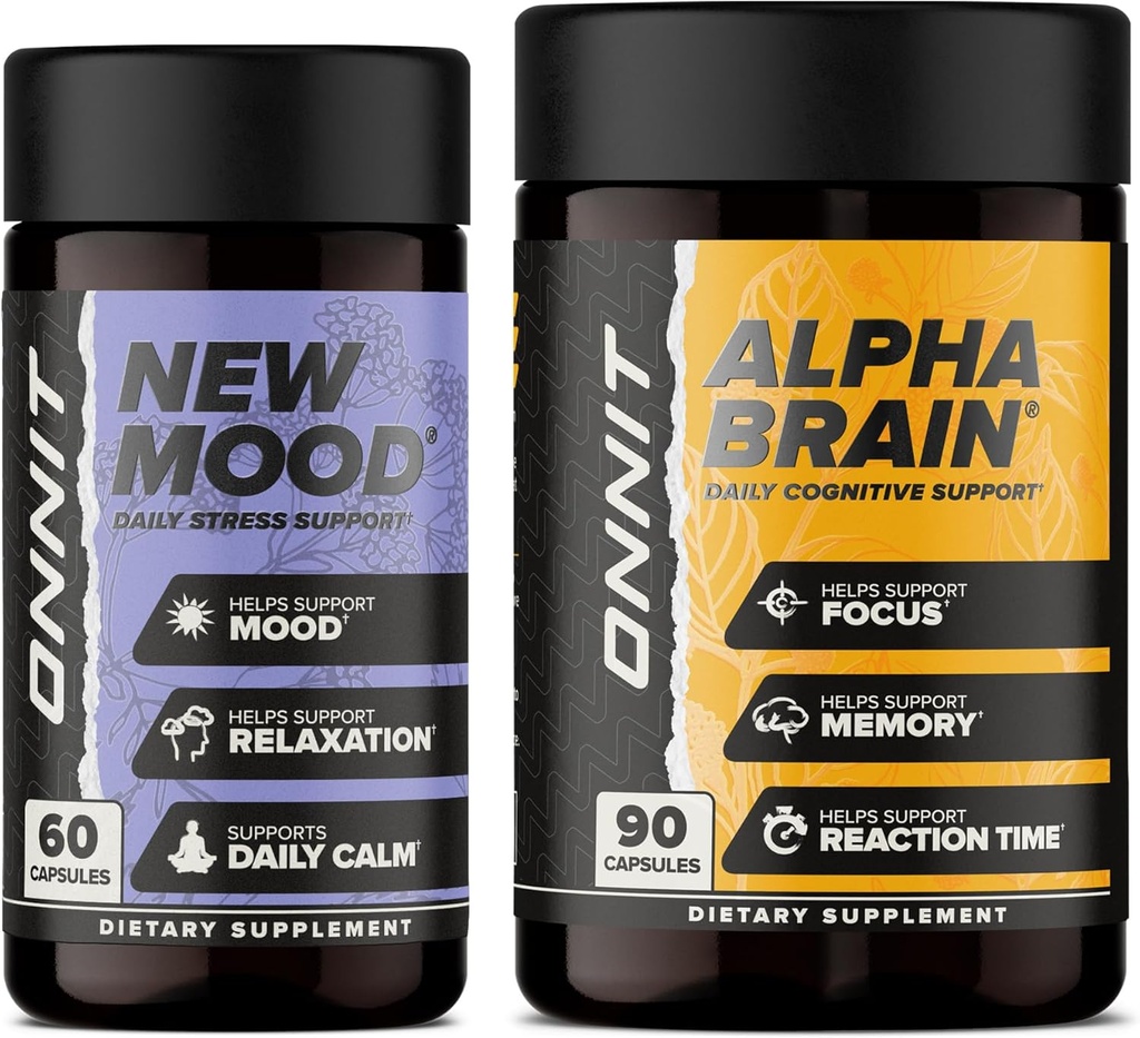 ONNIT Premium Alpha Brain Bundle - Supplément Cerveau Nootropique (90 Compte) pour Focus, Concentration et Mémoire + Nouveau Supplément d'humeur pour Soulagement du Stress, Sommeil et Mood (60 Compte)