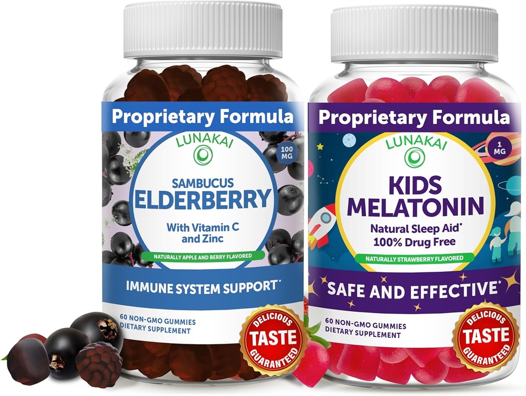 Lunakai Adult Elderberry and Kids Melatonin Gummies Bundle - Immune Support with Zinc and Vitamin C for Adults & Children - Non-GMO, Vegan, Gluten Free Natural Sleep Gummy