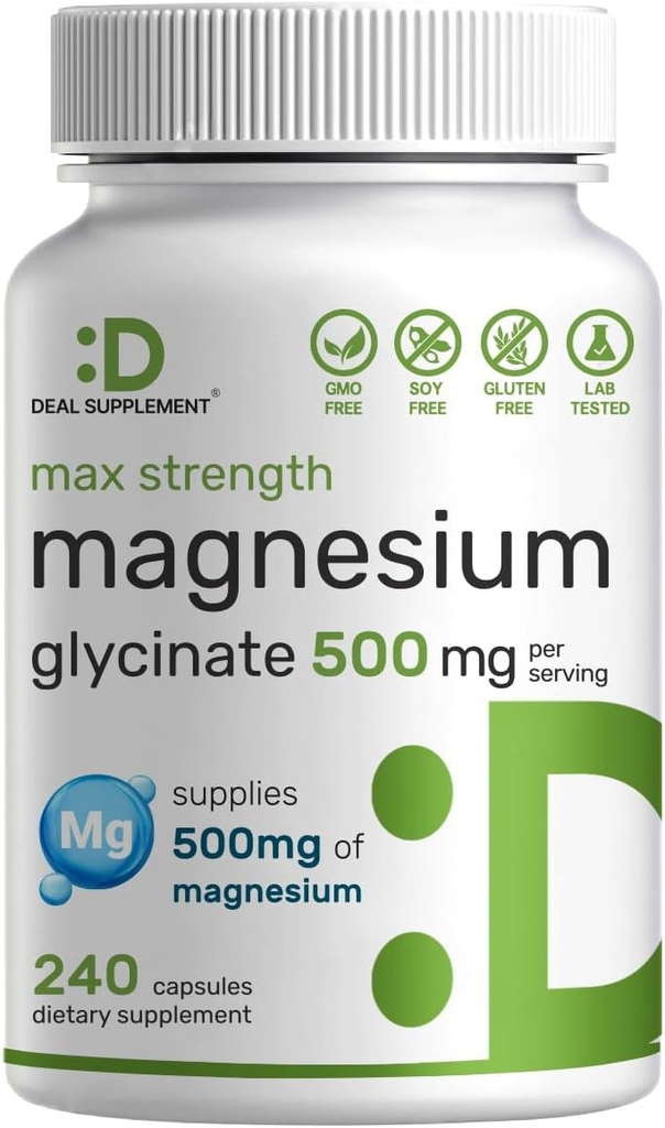 Max Strength Magnesium Glycinate 500mg Per Serving, 240 Capsules | 100% Chelated for Easy Absorption | Essential Mineral Supplement for Muscle, Sleep, & Heart Health