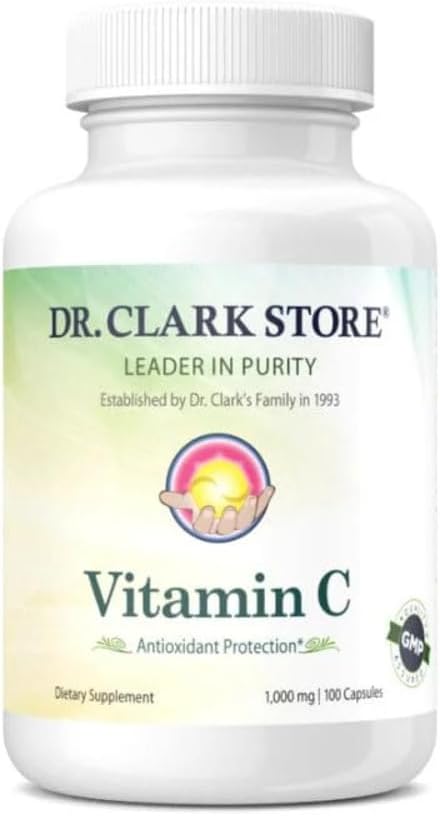 Dr Clark Vitamine C Supplément 1000mg - Sans gluten, Immunity Support, Potent antioxydant, soutient la fonction cérébrale, favorise la formation et la réparation des tissus, 100 Capsules de gélatine