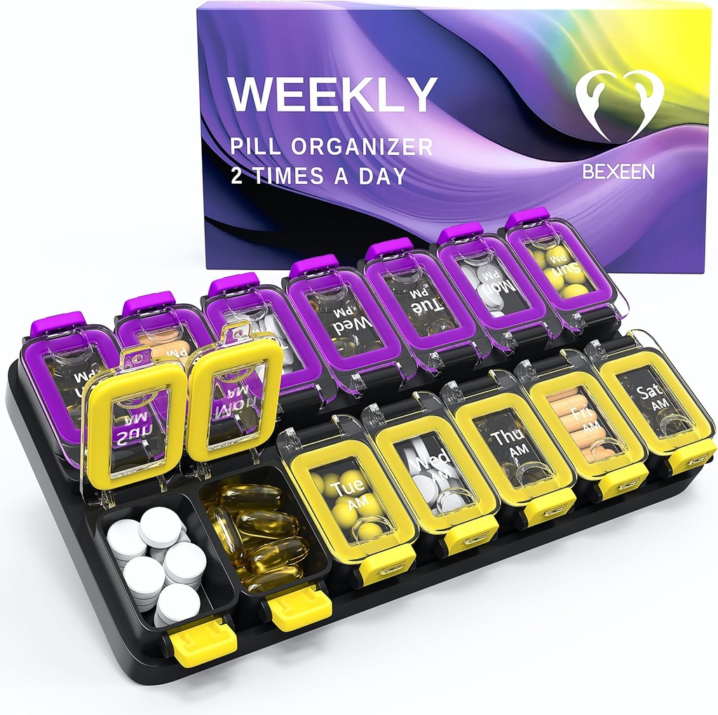 Très grand organisateur hebdomadaire de pilules 2 fois par jour - Pill Box hermétique 7 jours - Am Pm Vitamine Case - Medica Container deux semaines Supplement Holder Daily Med Med XL Yellow/Purple