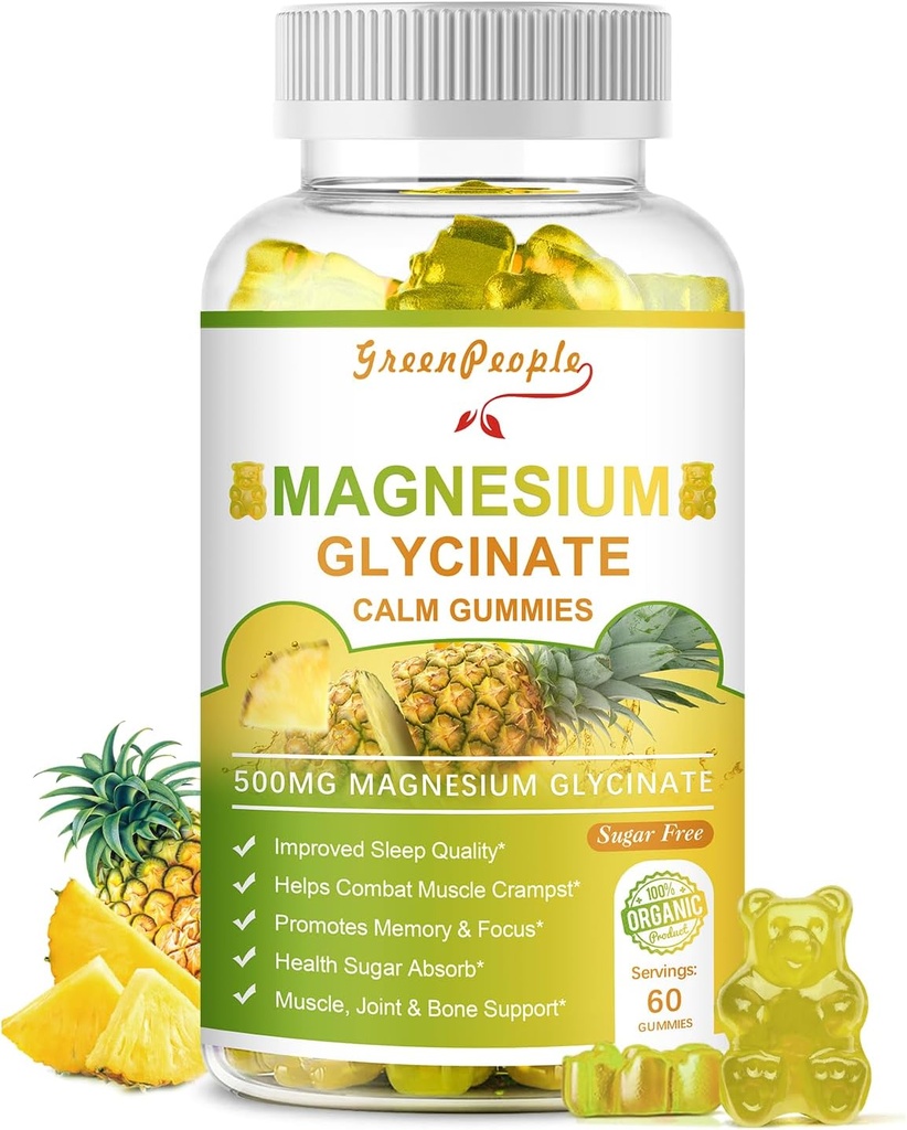 GREENPEOPLE Magnésium Glycinate Gommies avec Citrate 1000mg, Taurat et Matale - Sans sucre - Supplément de potassium de magnésium avec vitamine D, K2 pour un support calme d'humeur et de zzz - 60 ananas