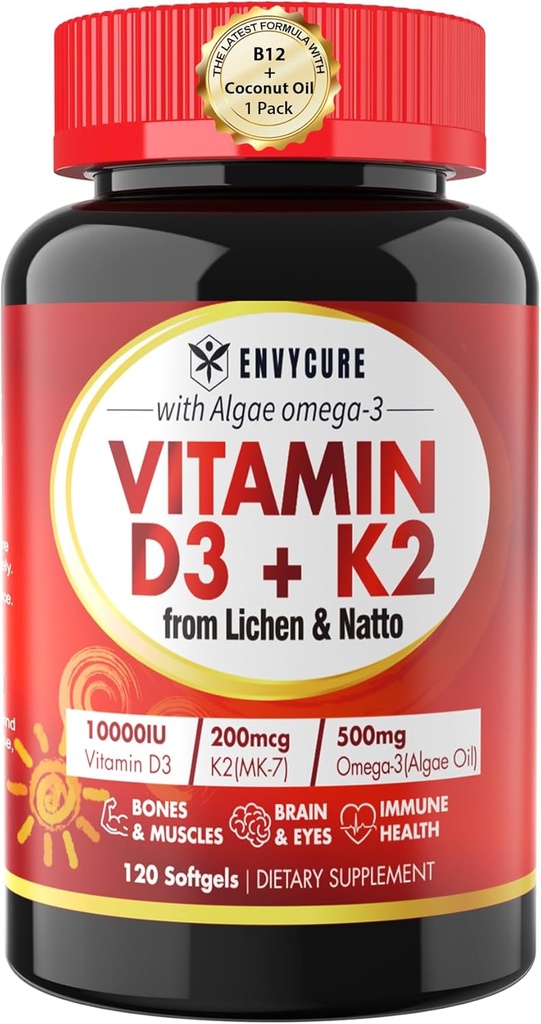 Vitamine D3 K2 supplément softgel - Vit D3 10000 Iu + Vitamine K2 Mk7 200 Mg, Algae Omega-3, Magnésium, Vitamine B12 Pour os et muscles, Soutien immunitaire, Absorption maximale, Facile à avaler 1pack
