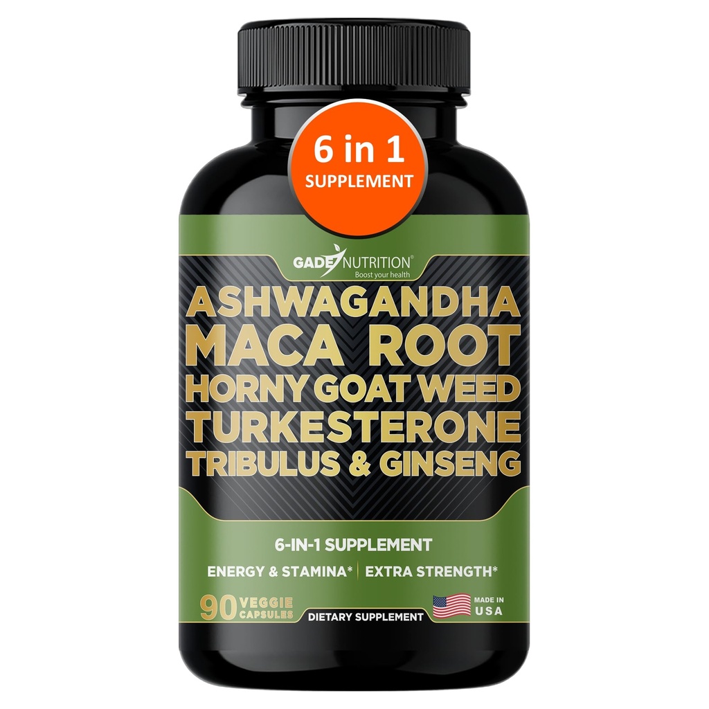 Gade Nutrition Ashwagandha avec racine de Maca, herbe de chèvre Horny, supplément de Turkestérone, Tribulus Terrestris, Panax Ginseng, 90 capsules végétales pour l'énergie, l'endurance, la performance.