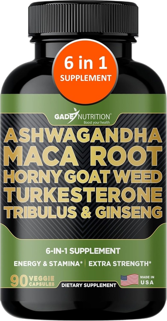 Gade Nutrition Ashwagandha avec racine de Maca, herbe de chèvre Horny, supplément de Turkestérone, Tribulus Terrestris, Panax Ginseng, 90 capsules végétales pour l'énergie, l'endurance, la performance.