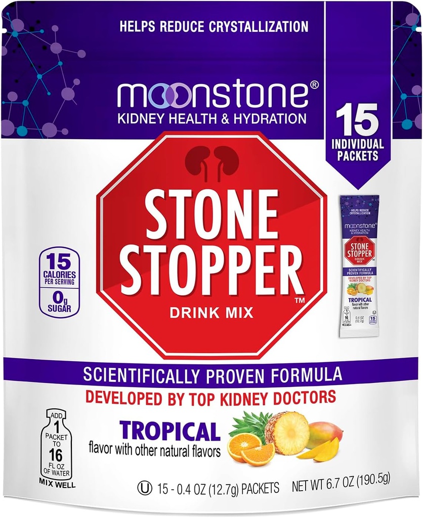 Moonstone Stone Stopper Drink Mix, Tropical, Rein Stone Prevention, Calcium Oxalate Protecteur, développé par les urologues pour améliorer l'hydratation et soutenir la santé rénale, 15 jours d'approvisionnement
